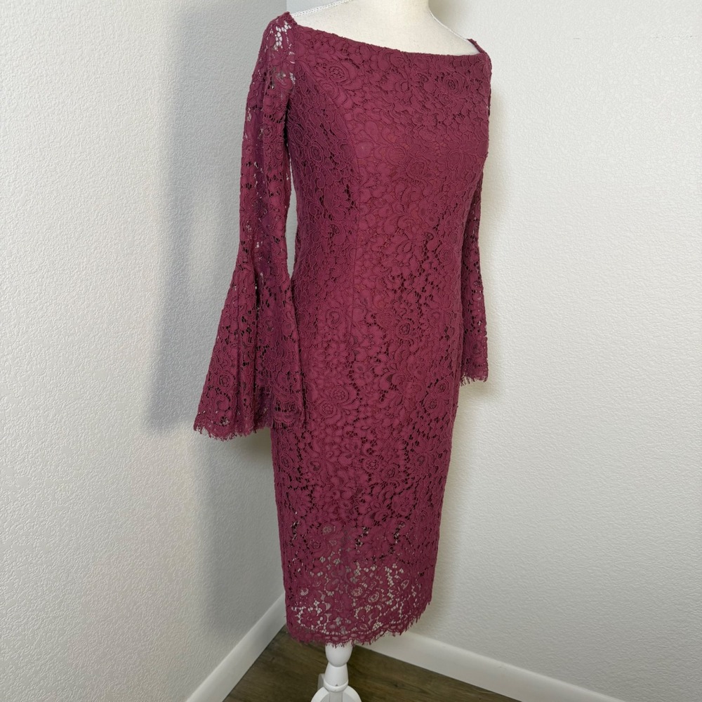 Bardot Lace Bell Sleeve Dress Womens 8 Burgundy Boat Neck‎ Sheath Cocktail Wine